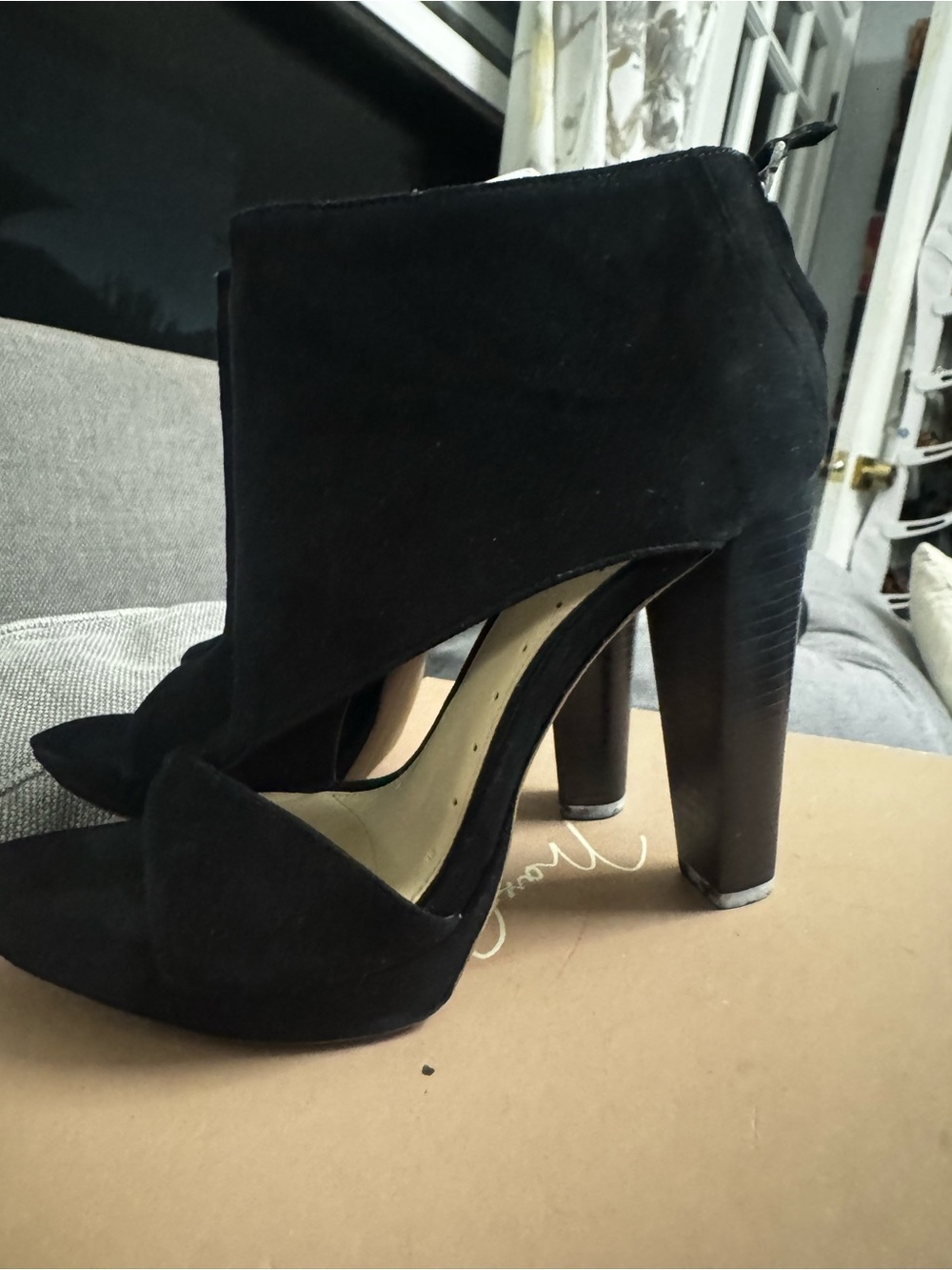 Women's Black Suede Open-Side High Heel Ankle Booties